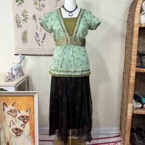 Vtg 90s Y2k Floral Embroidered Tie Back Babydoll Top Fairy Grunge Boho Forest L